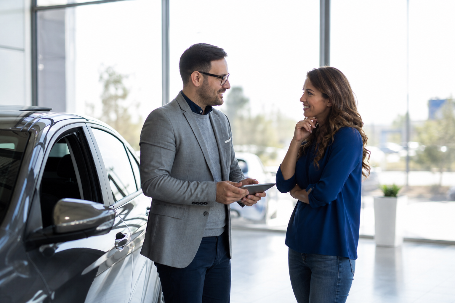 Customer and advisor talking in a bright automotive showroom