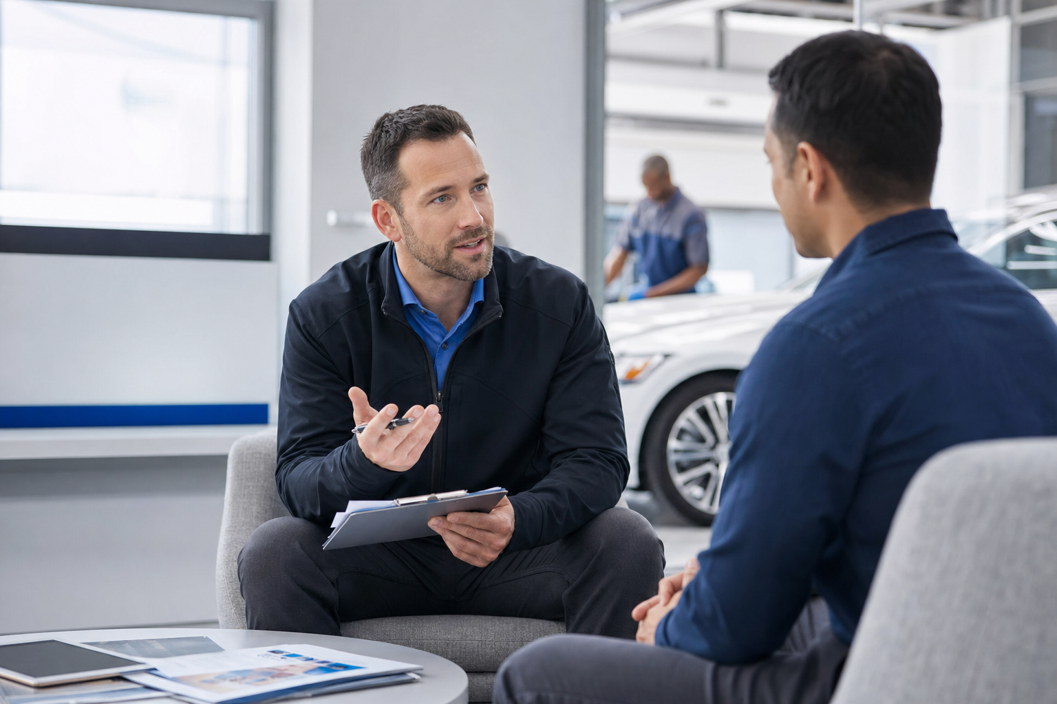 Automotive service advisor speaking with a customer