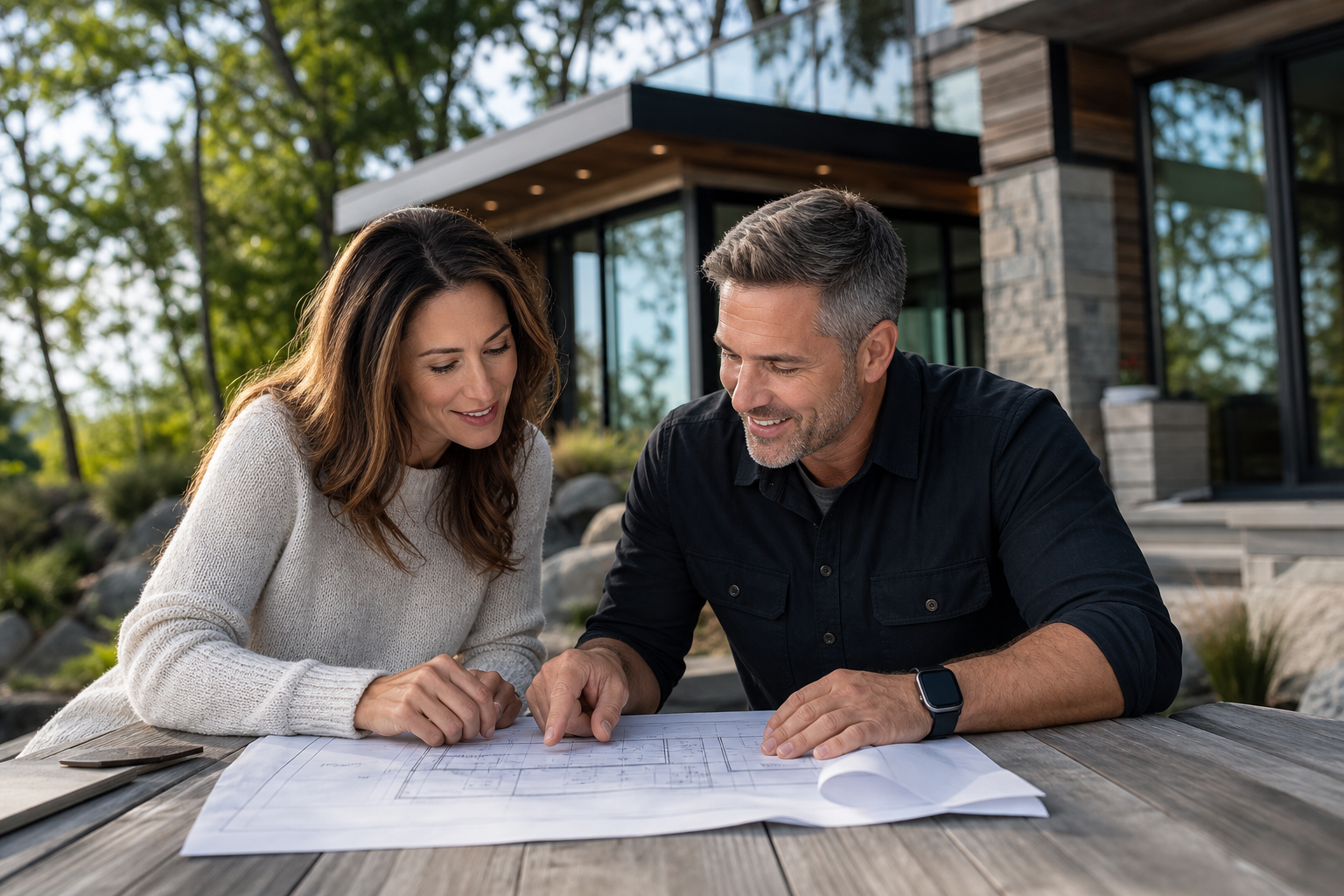 Contractor reviewing project plans with a client