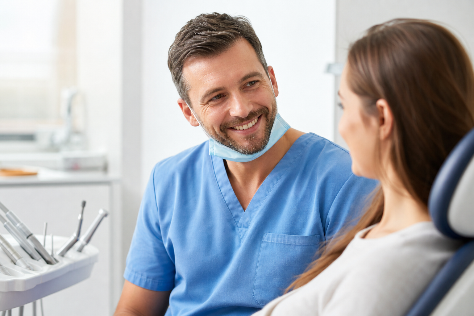 Dentist speaking with a patient in a bright dental office
