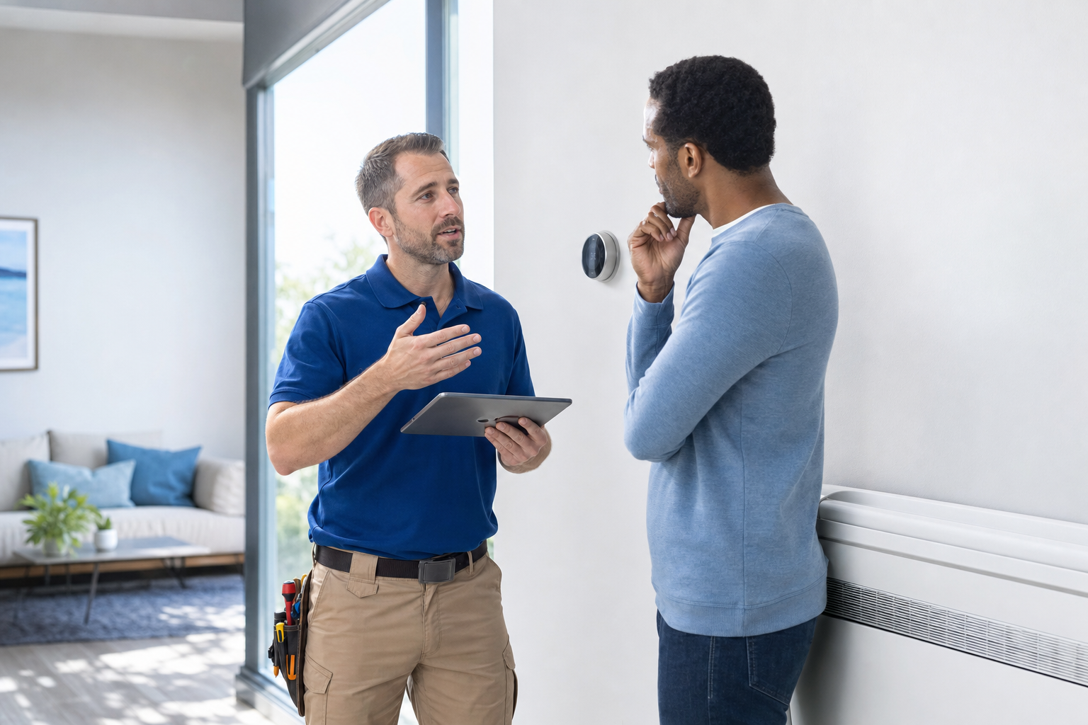 HVAC technician talking with a homeowner in a modern home