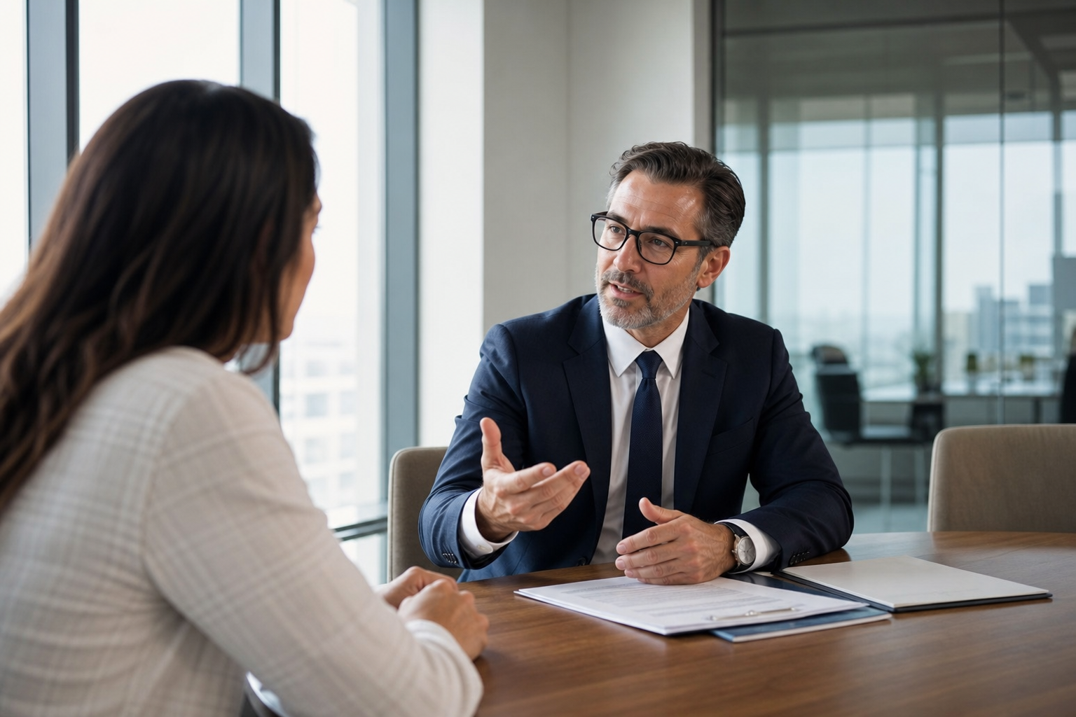 Attorney consulting with a client in a modern office