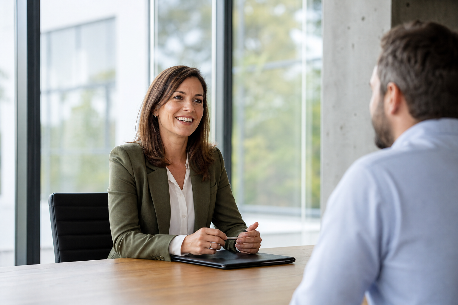 Recruiter interviewing a candidate in a modern meeting room